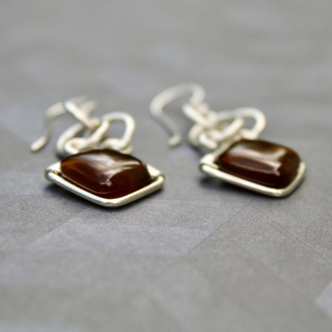 Sterling Silver Chain-mail style earrings with Brown Agate Gemstones