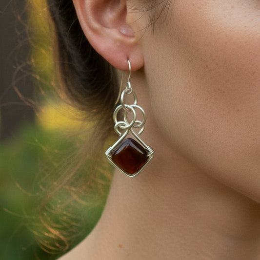 Sterling Silver Chain-mail style earrings with Brown Agate Gemstones