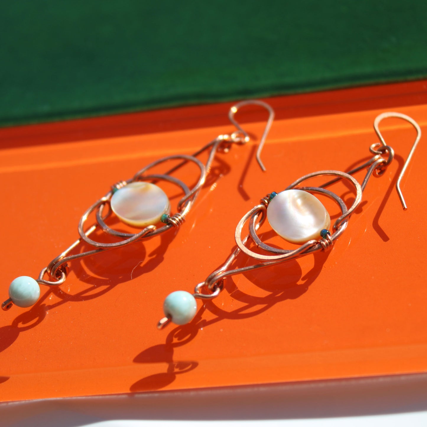art deco revival original copper handmade design with shell and aquamarine beads carrie foscato design