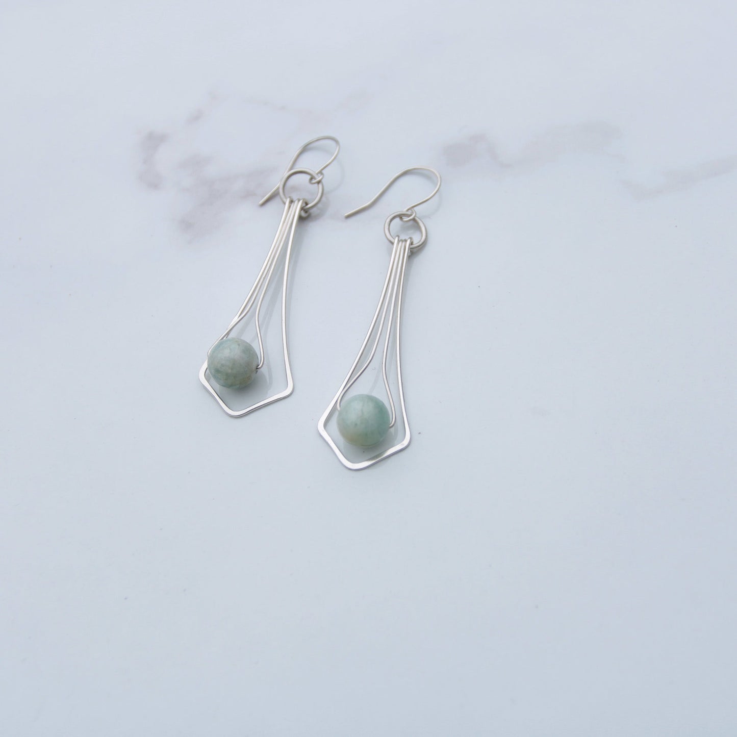 Art Deco sterling silver earrings with 10mm round aquamarine focal stones handmade in virginia carrie foscato design