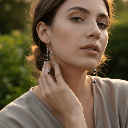 woman wearing handmade copper double looped earrings with blueberry spinel beads. Carrie Foscato Design