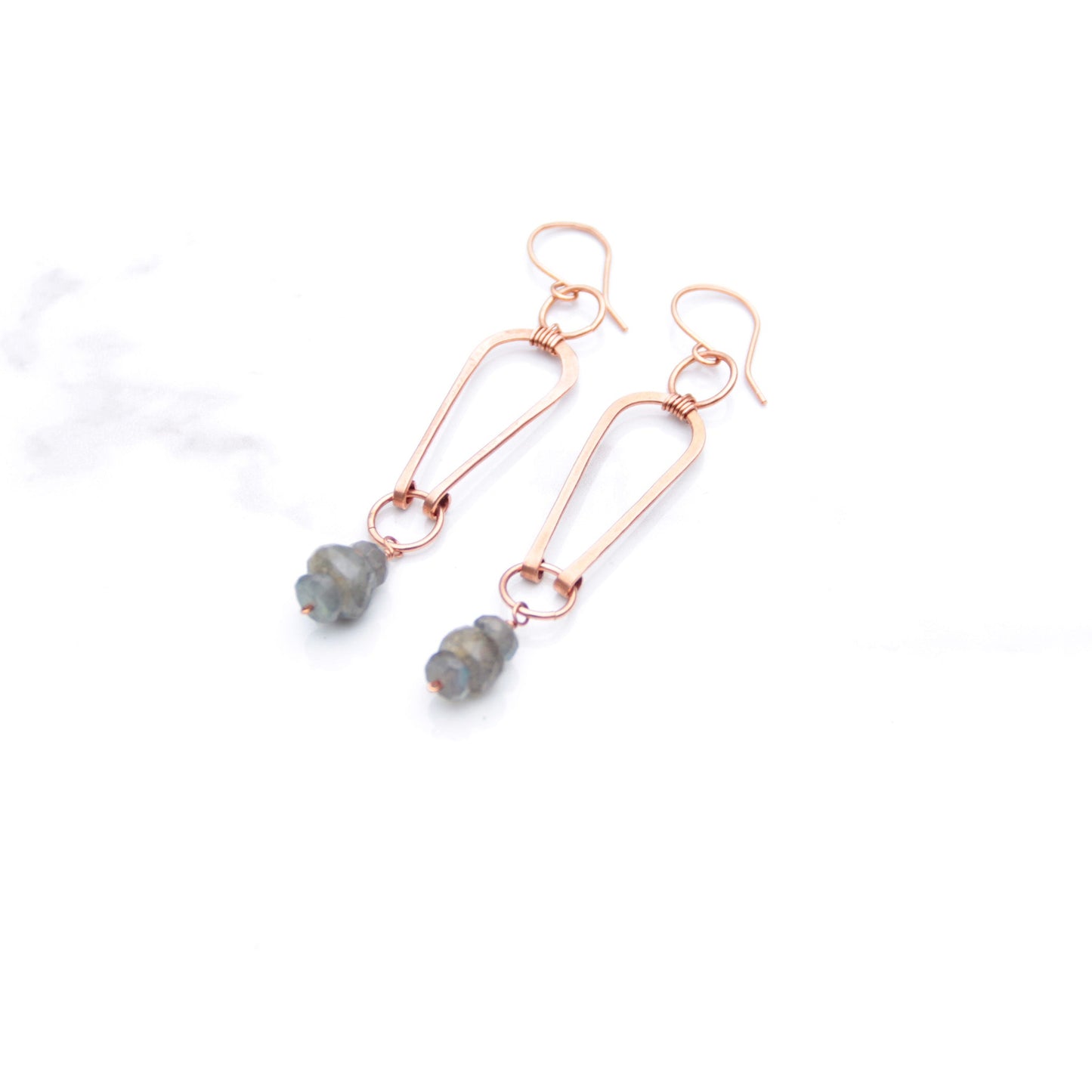 handmade hammered copper geometric arch earrings with labradorite nuggets, carrie foscato design USA