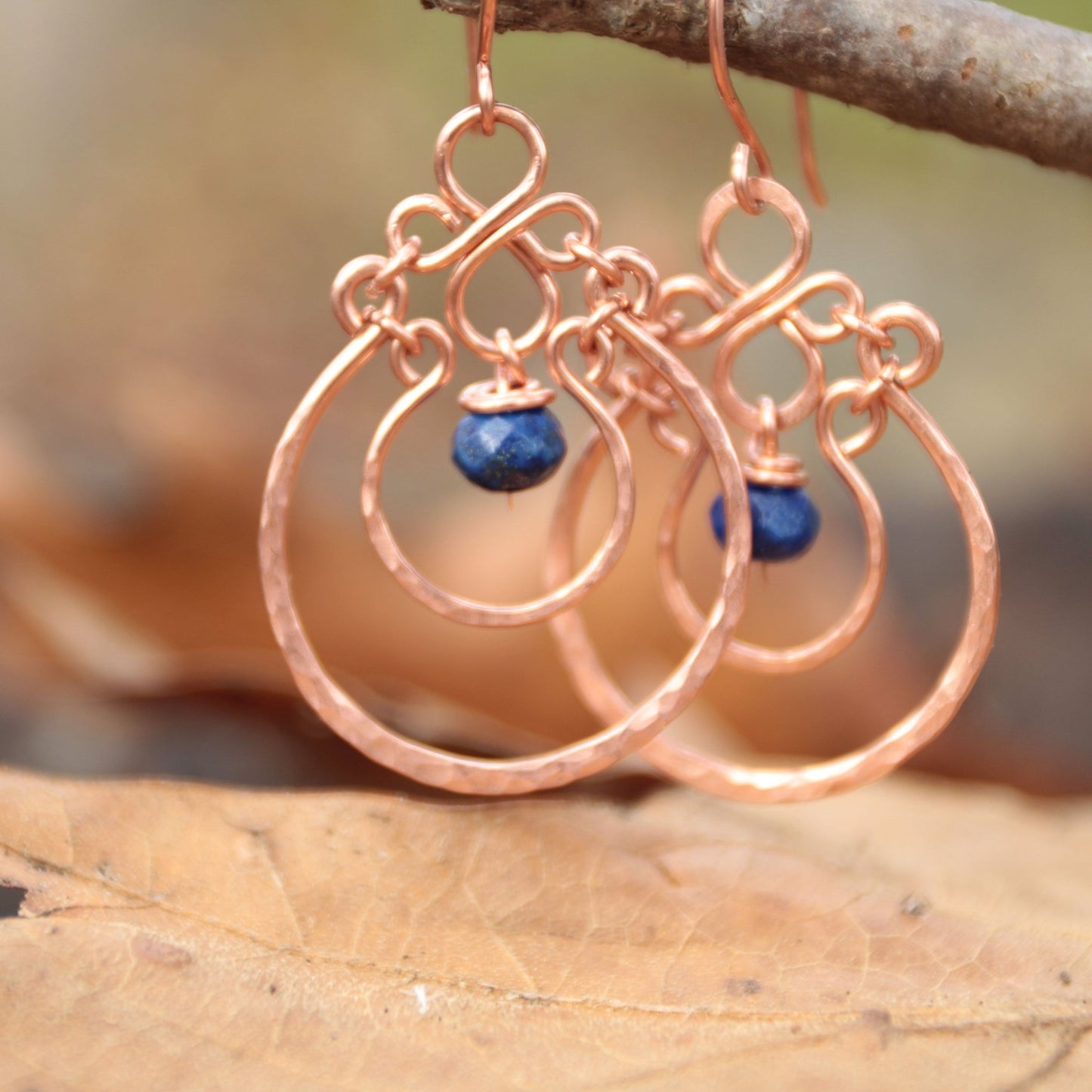copper chandelier style hammered earrings with lapis focal stone handmade in virginia
