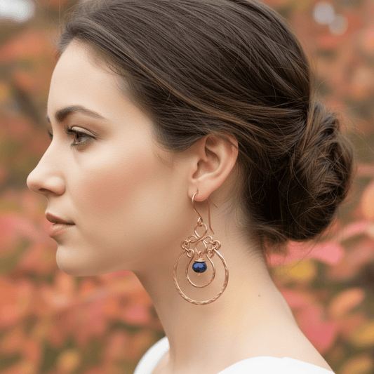 copper chandelier style hammered earrings with lapis focal stone handmade in virginia