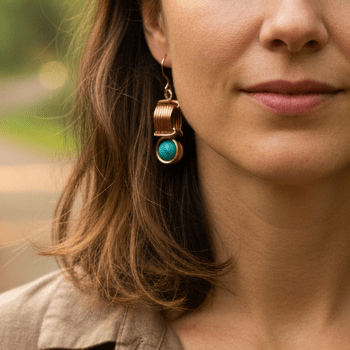 woman wearing handmade copper coiled earrings with turquoise magnesite beads. carrie foscato design