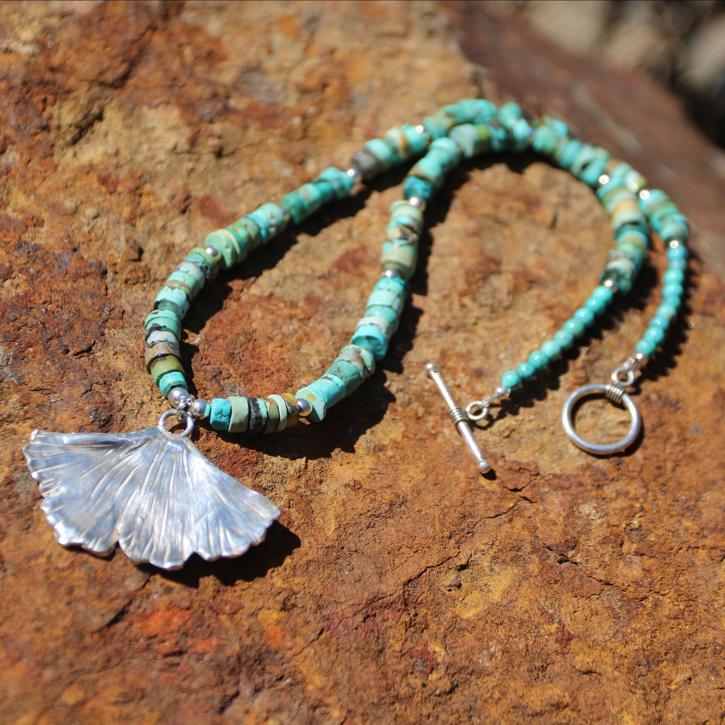Fine Silver Ginkgo Leaf and Turquoise Heishi Bead Necklace