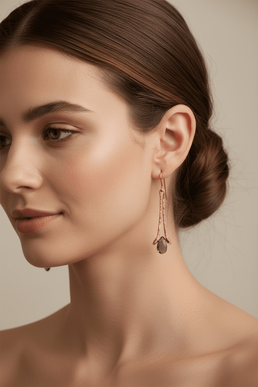handmade hammered copper earrings dangle style with amethyst briolette gems. carrie foscato design USA