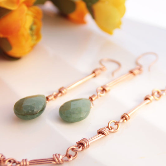 handmade copper nautical design chain link earrings with Faceted aventurine briollete gemstones carrie foscato design