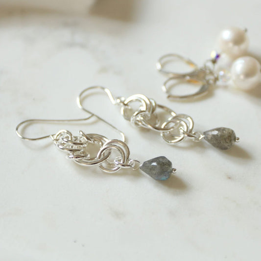 Handmade Sterling Silver Labradorite Earrings - Unique Chain Maille Design