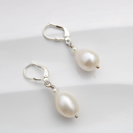 Large 10mm pearl drop leverback sterling silver earrings handmade USA