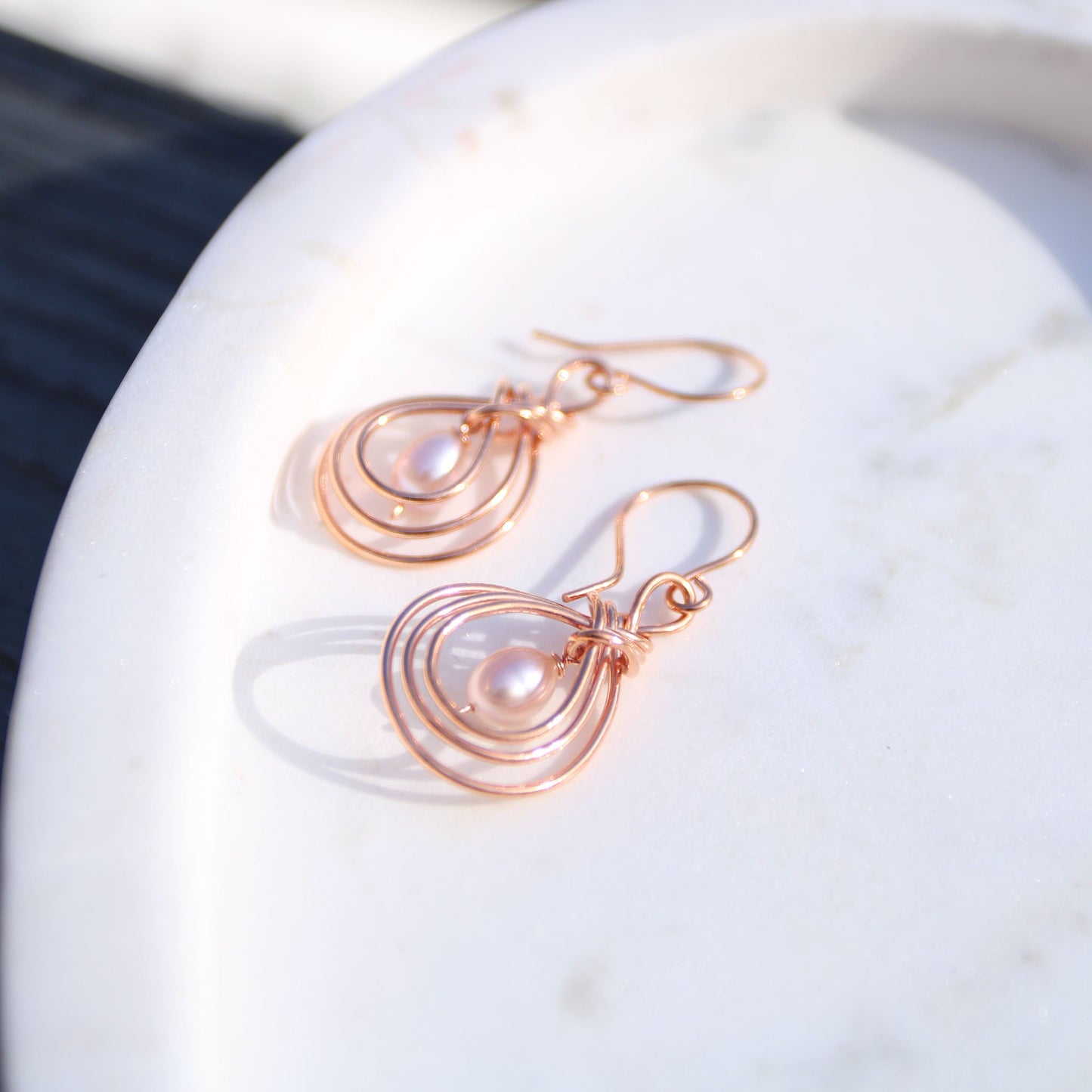 Pipa Knot Copper Wire Wrapped Earrings with Freshwater Pearls