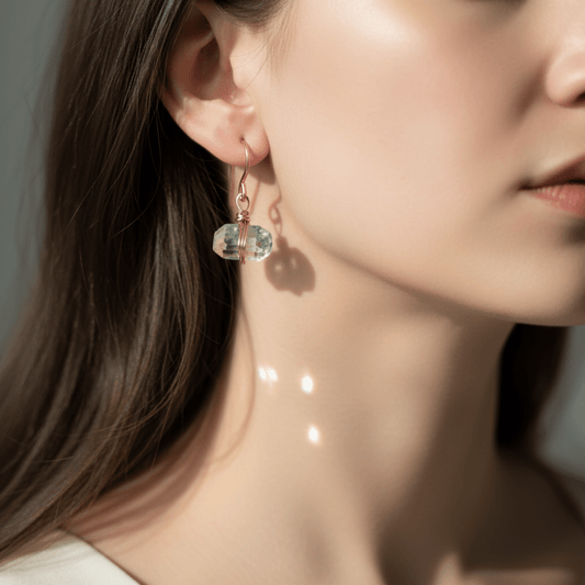 handmade copper wire wrapped earrings with prasiolite chunks. woman-owned Carrie Foscato Design