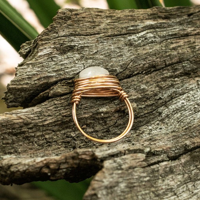 copper wire wrapped copper ring with rose quartz focal stone handmade in virginia