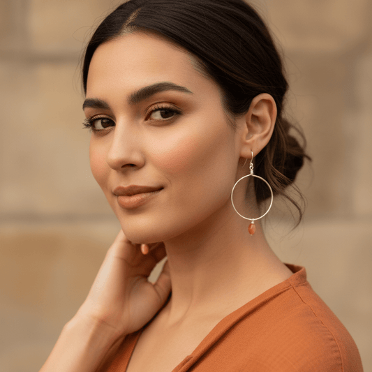 sterling silver medium hoop earrings with carnelian gemstone drops handmade virginia