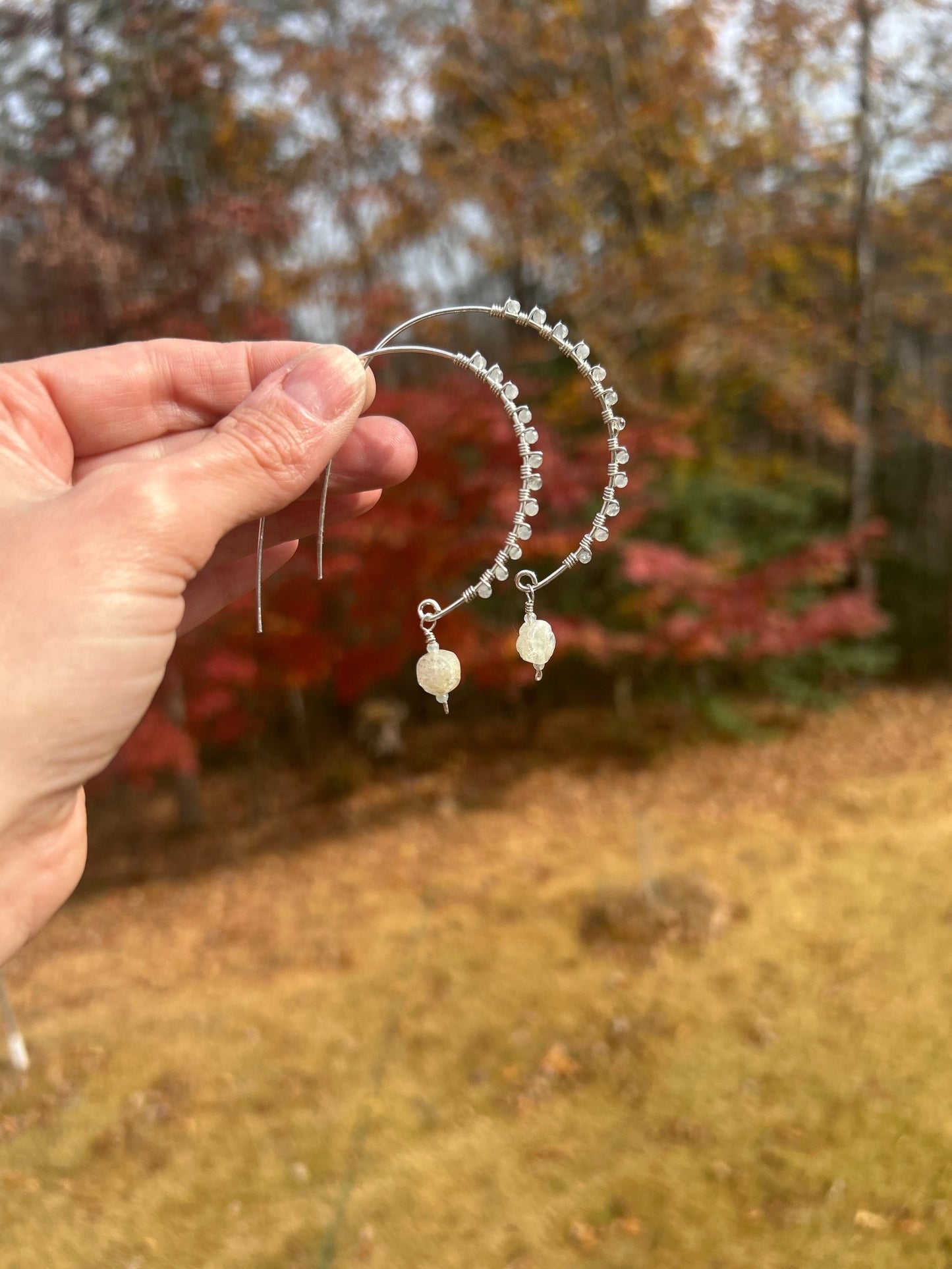 sterling silver hoop earrings with mini faceted aquamarine round stones handmade in virginia carrie foscato design