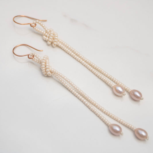 Tidal Knot — Ivory & Blush Pearl Fringe Earrings