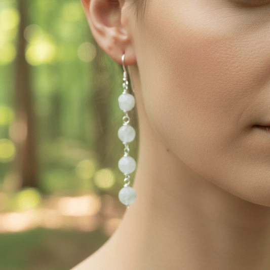 aquamarine coin beads waterfall style sterling silver earrings french ear hooks carrie foscato design handmade in USA