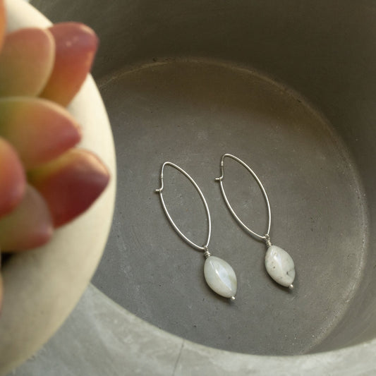 Marquis style sterling silver hoop earrings with white amazonite stones handmade in virginia carrie foscato design