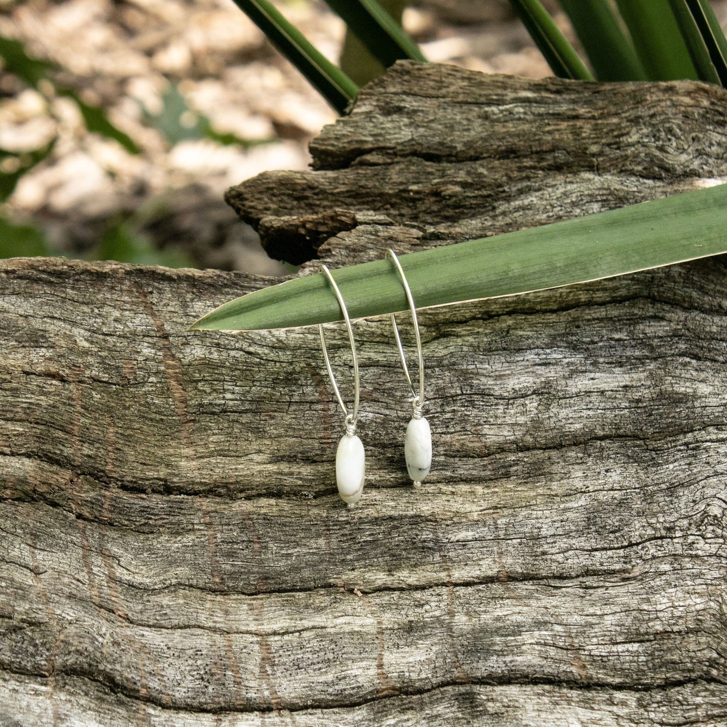 Marquis style sterling silver hoop earrings with white amazonite stones handmade in virginia carrie foscato design