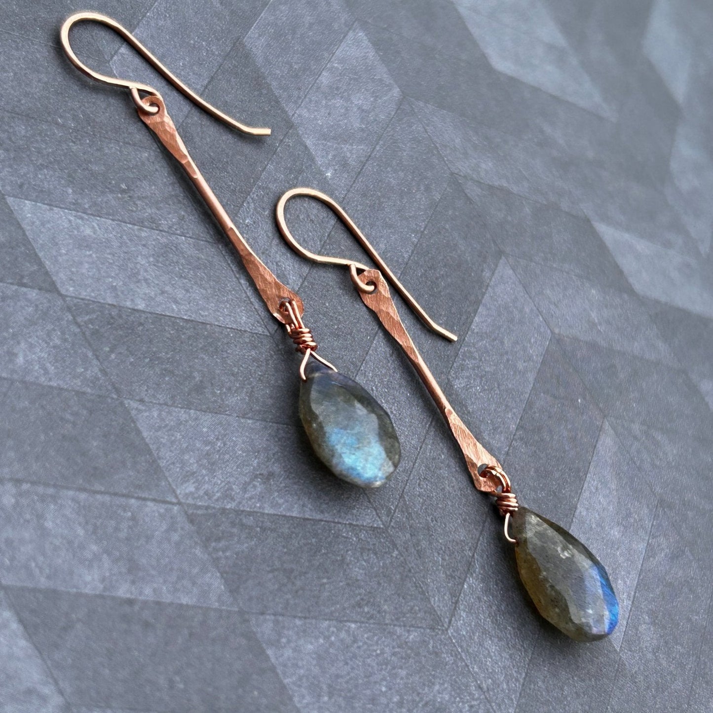 Copper Bar Link Earrings with Labradorite