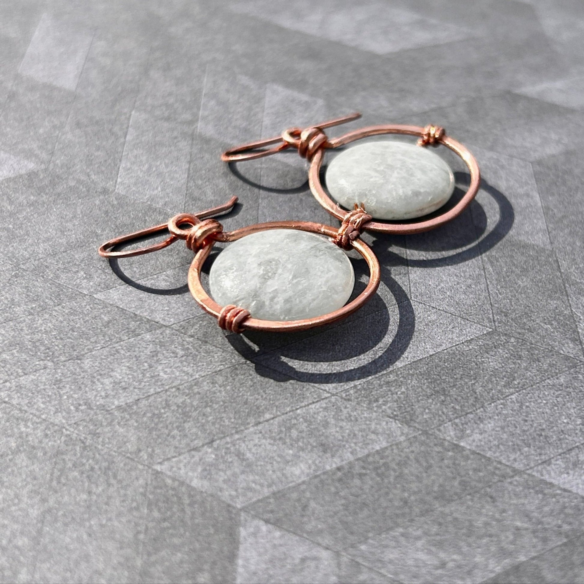 Copper Wire-Wrapped Hoops Set with 22mm Aquamarine Coin Gemstones