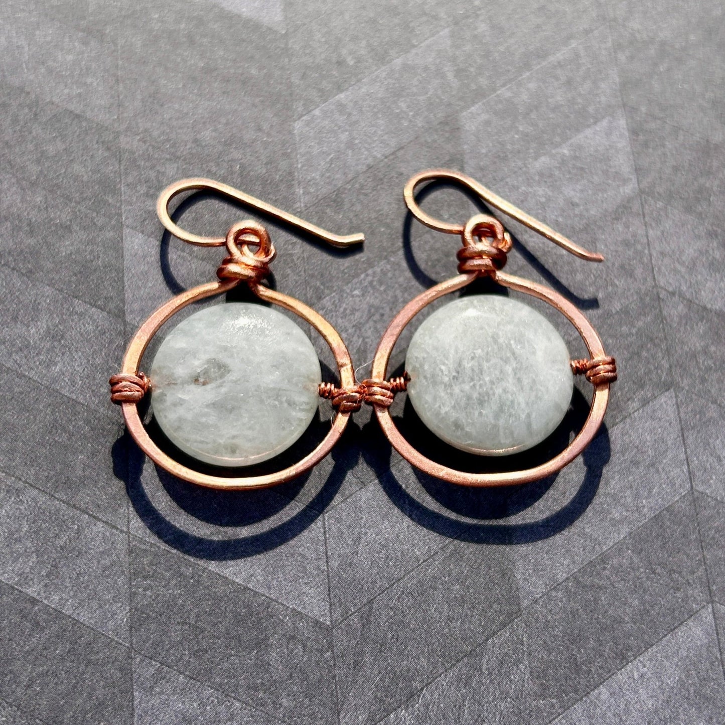 Copper Wire-Wrapped Hoops Set with 22mm Aquamarine Coin Gemstones