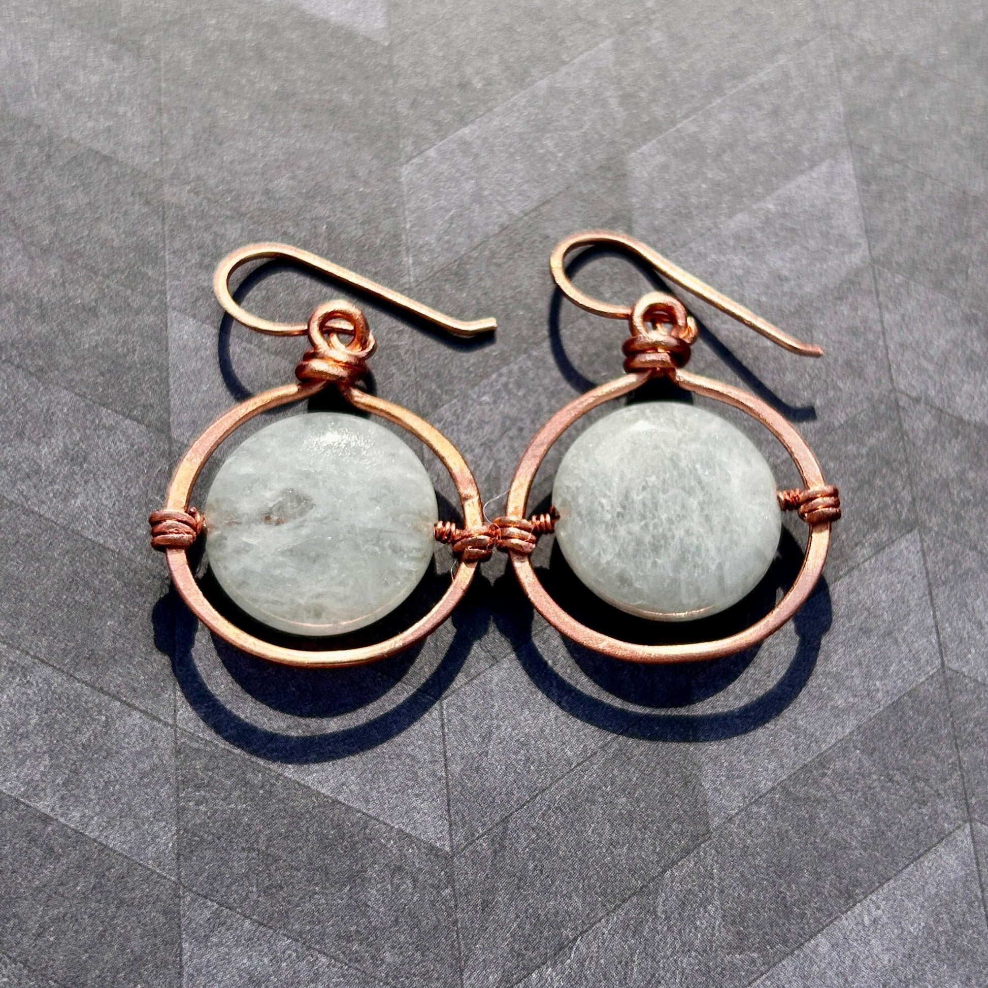 Copper Wire-Wrapped Hoops Set with 22mm Aquamarine Coin Gemstones