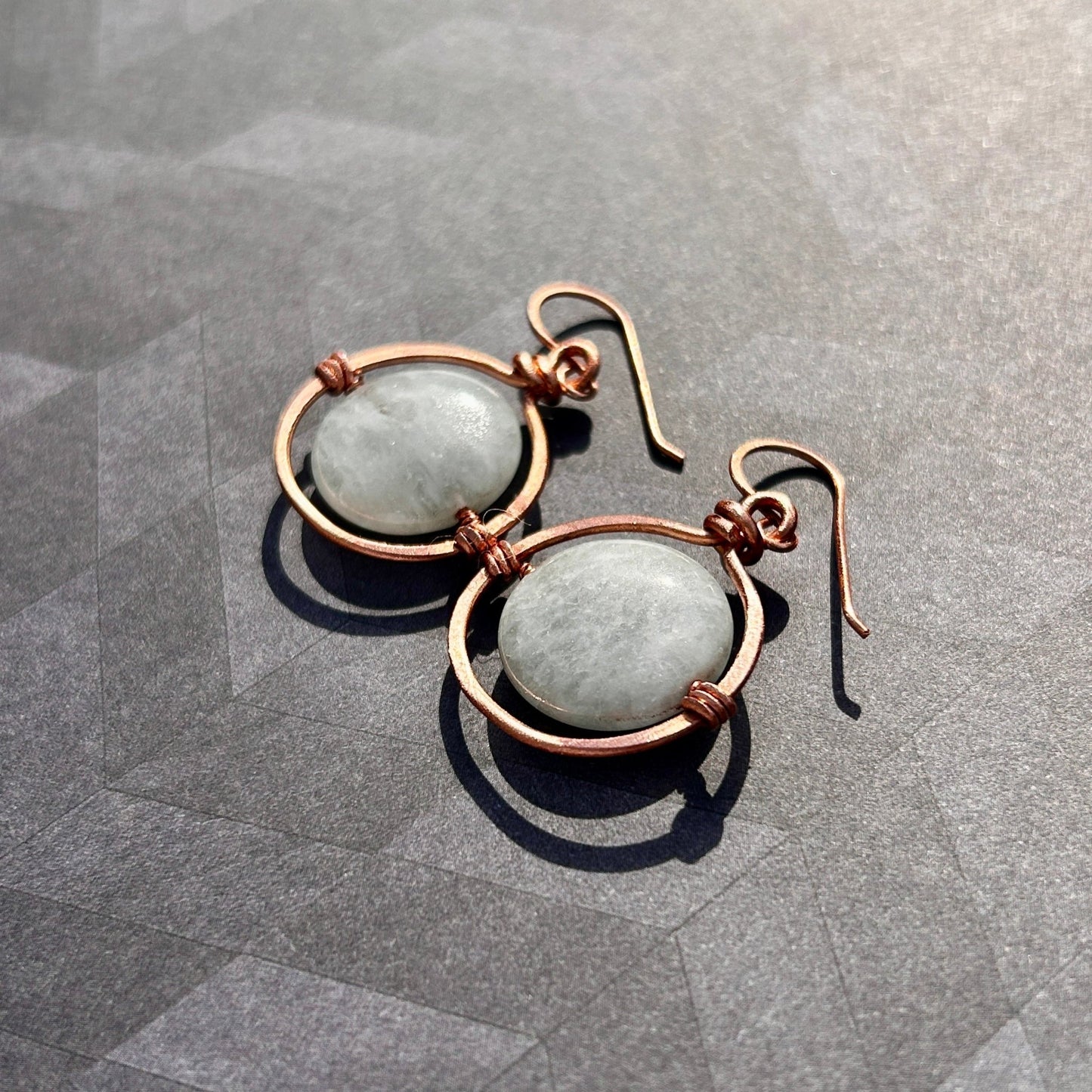 Copper Wire-Wrapped Hoops Set with 22mm Aquamarine Coin Gemstones