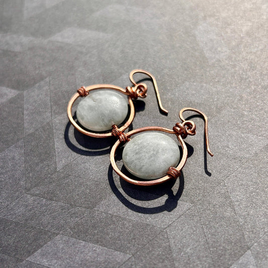 Copper Wire-Wrapped Hoops Set with 22mm Aquamarine Coin Gemstones