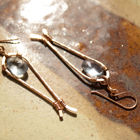 Copper Wire Wrapped Fish earrings with Blue Topaz Briolette