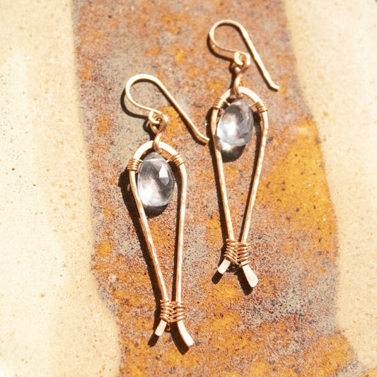 Copper Wire Wrapped Fish earrings with Blue Topaz Briolette