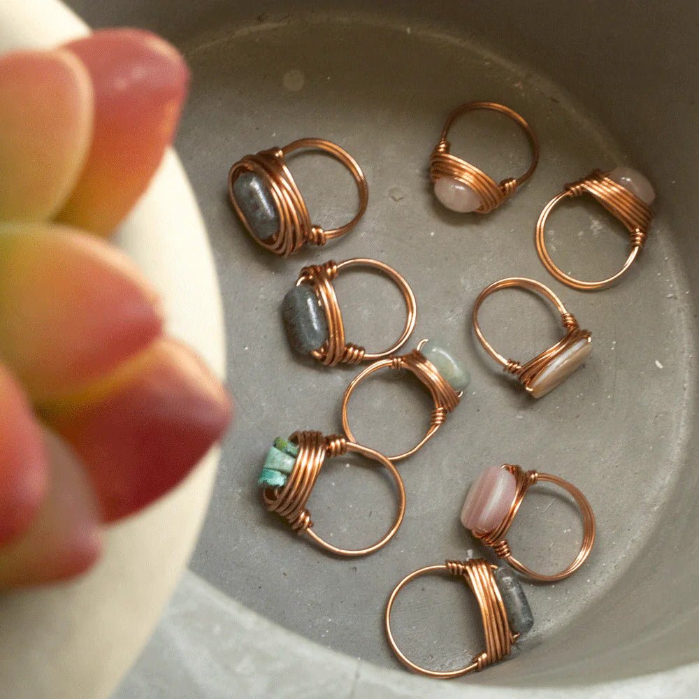 custom wire wrapped gemstone rings in copper or sterling silver handmade in USA