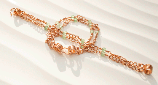 Doubled coiled clasp copper wire wrapped aventurine bracelet handmade USA