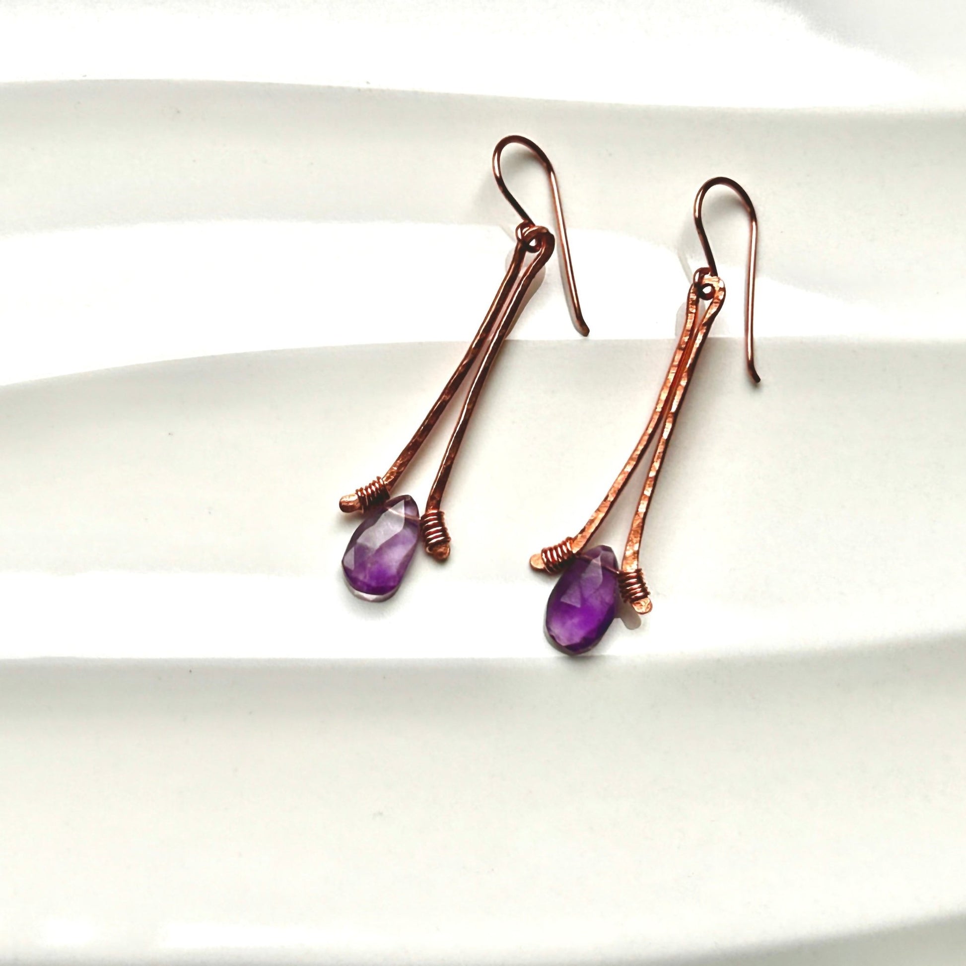 Hammered copper handmade wire wrapped drop earrings with amethyst briolette