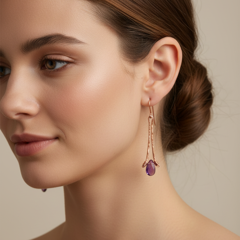 handmade hammered copper earrings dangle style with amethyst briolette gems. carrie foscato design USA