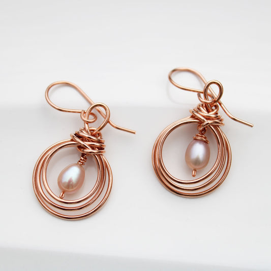 pipa knot wire wrapped copper earrings with pearl teardrop handmade USA carrie foscato design