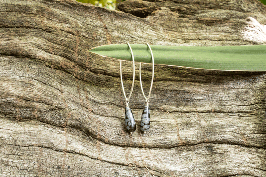 Snowflake Obsidian Teardrop Sterling Silver Earrings