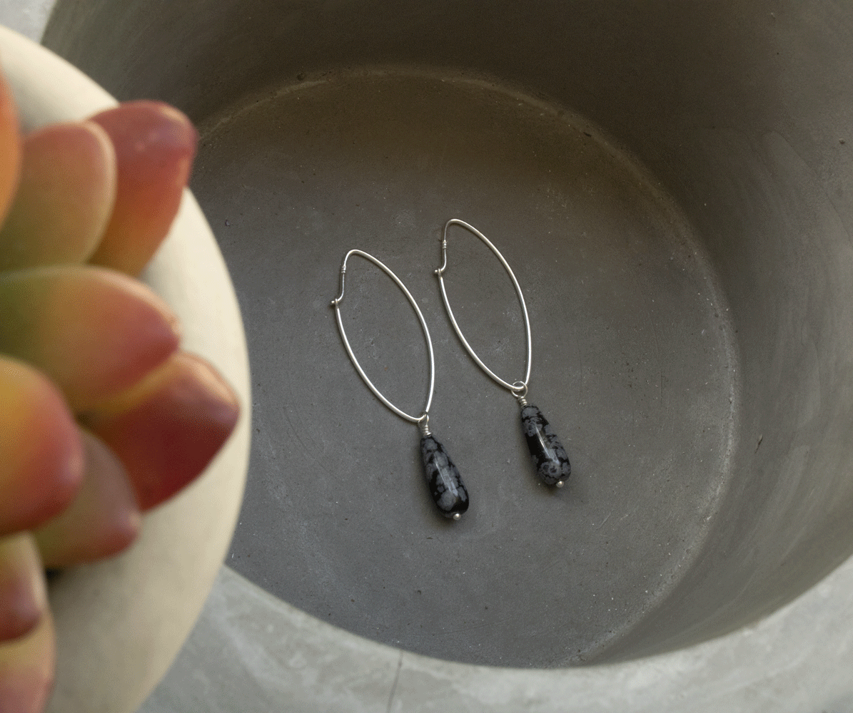 Snowflake Obsidian Teardrop Sterling Silver Earrings