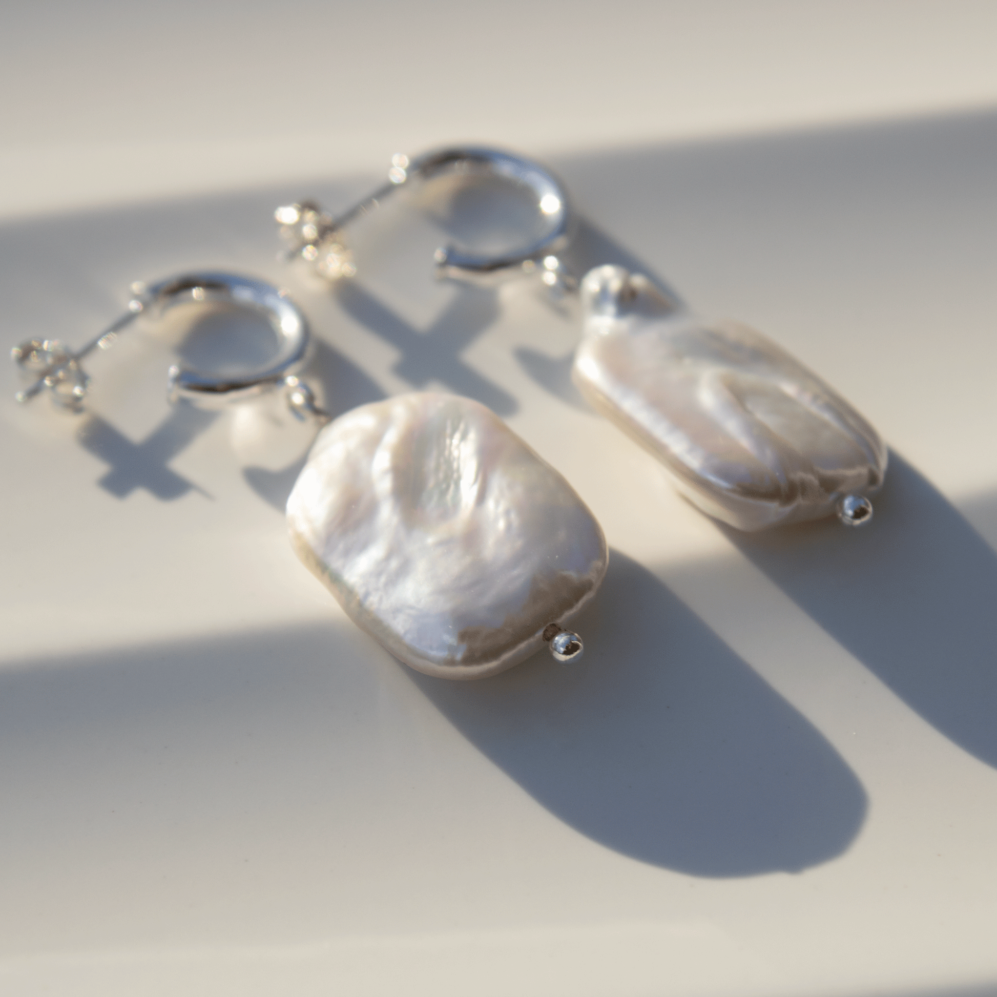 Rectangle Freshwater Pearl Stud Hoop Sterling Silver Earrings