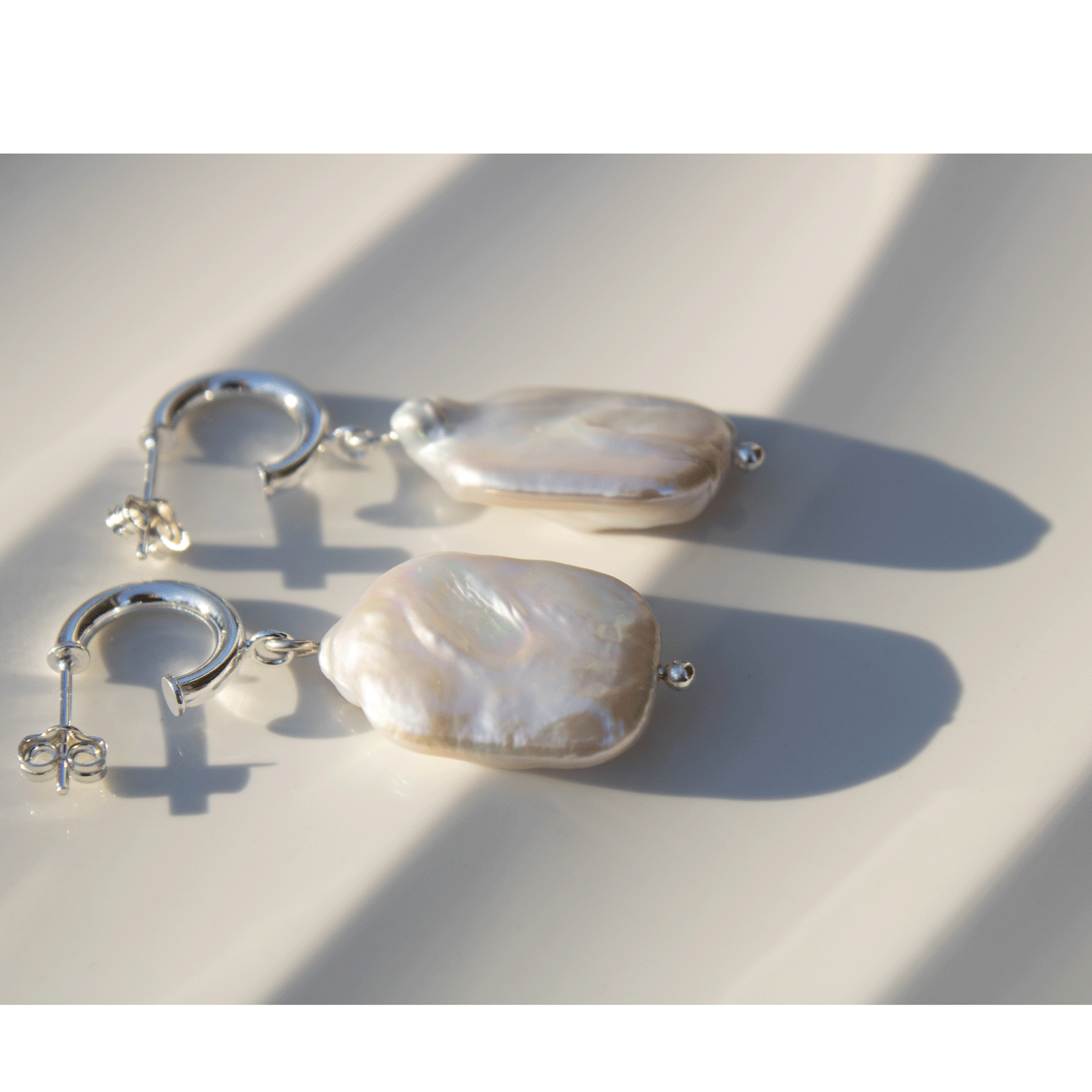 Rectangle Freshwater Pearl Stud Hoop Sterling Silver Earrings