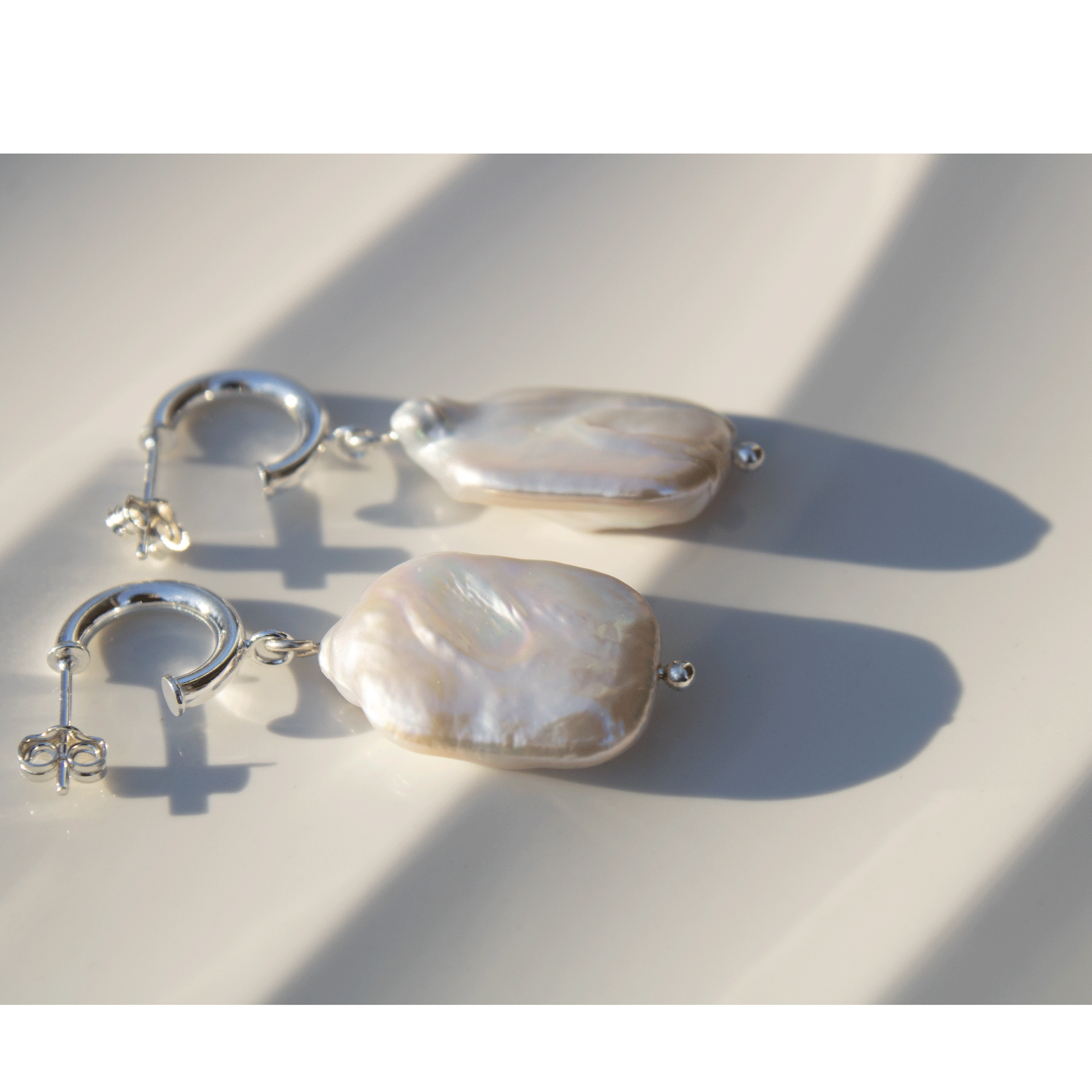 Rectangle Freshwater Pearl Stud Hoop Sterling Silver Earrings