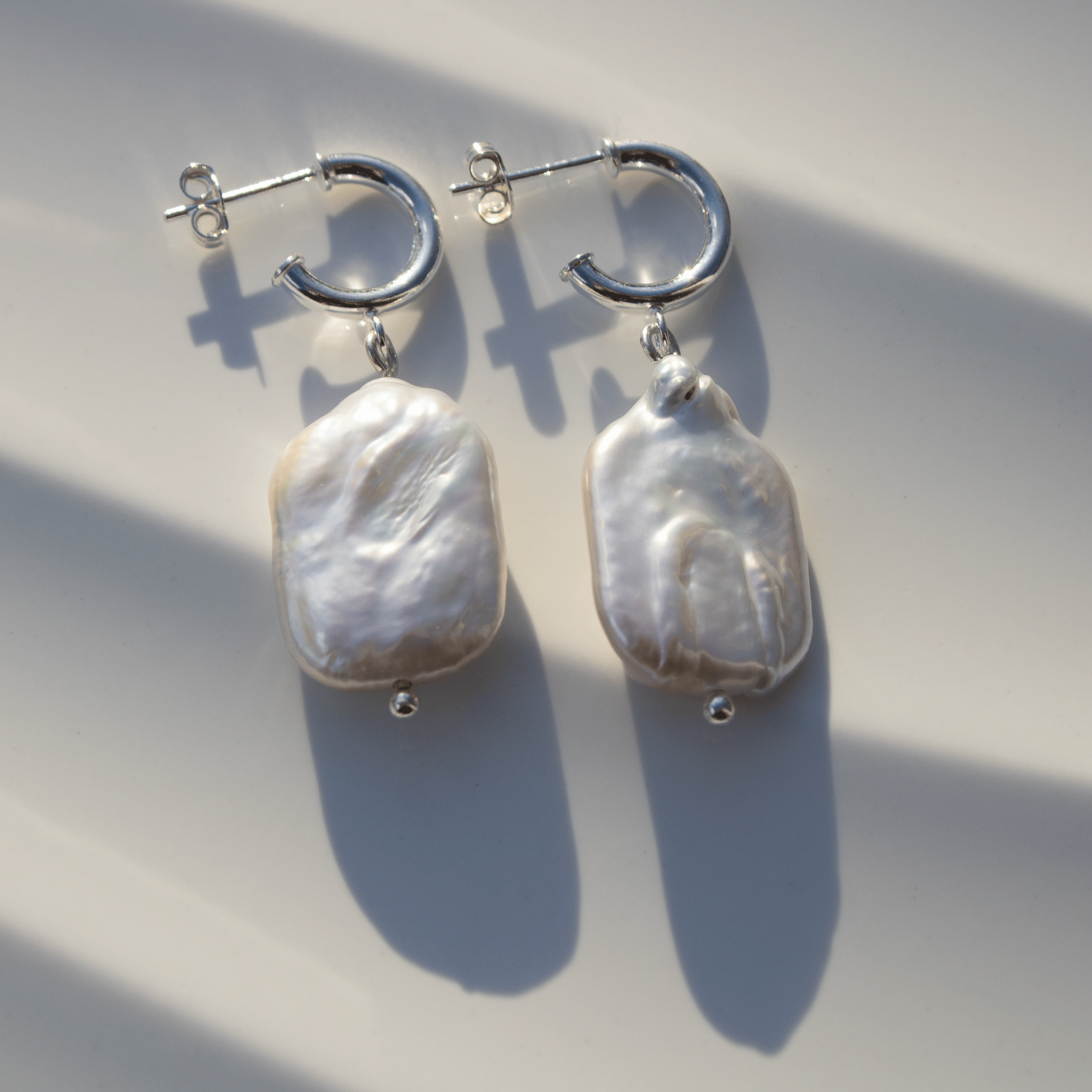 Rectangle Freshwater Pearl Stud Hoop Sterling Silver Earrings