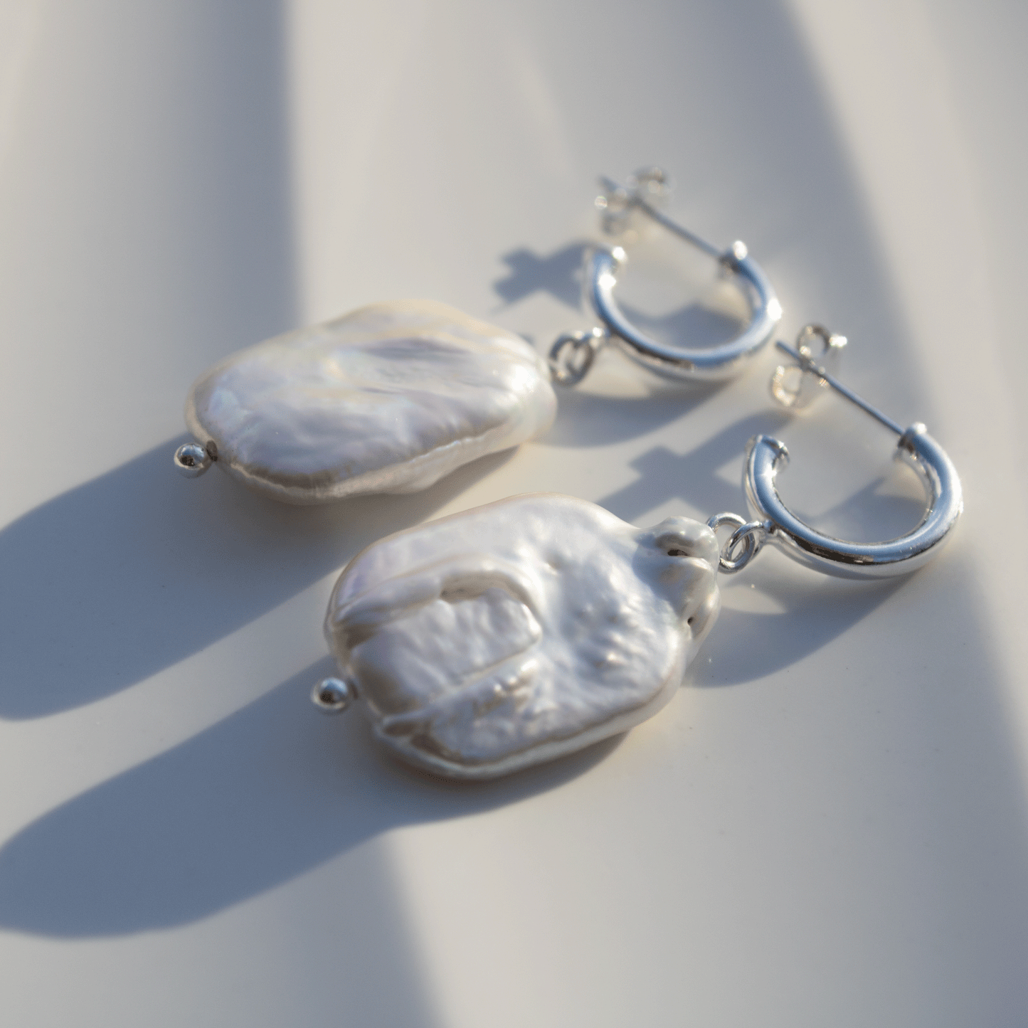 Rectangle Freshwater Pearl Stud Hoop Sterling Silver Earrings