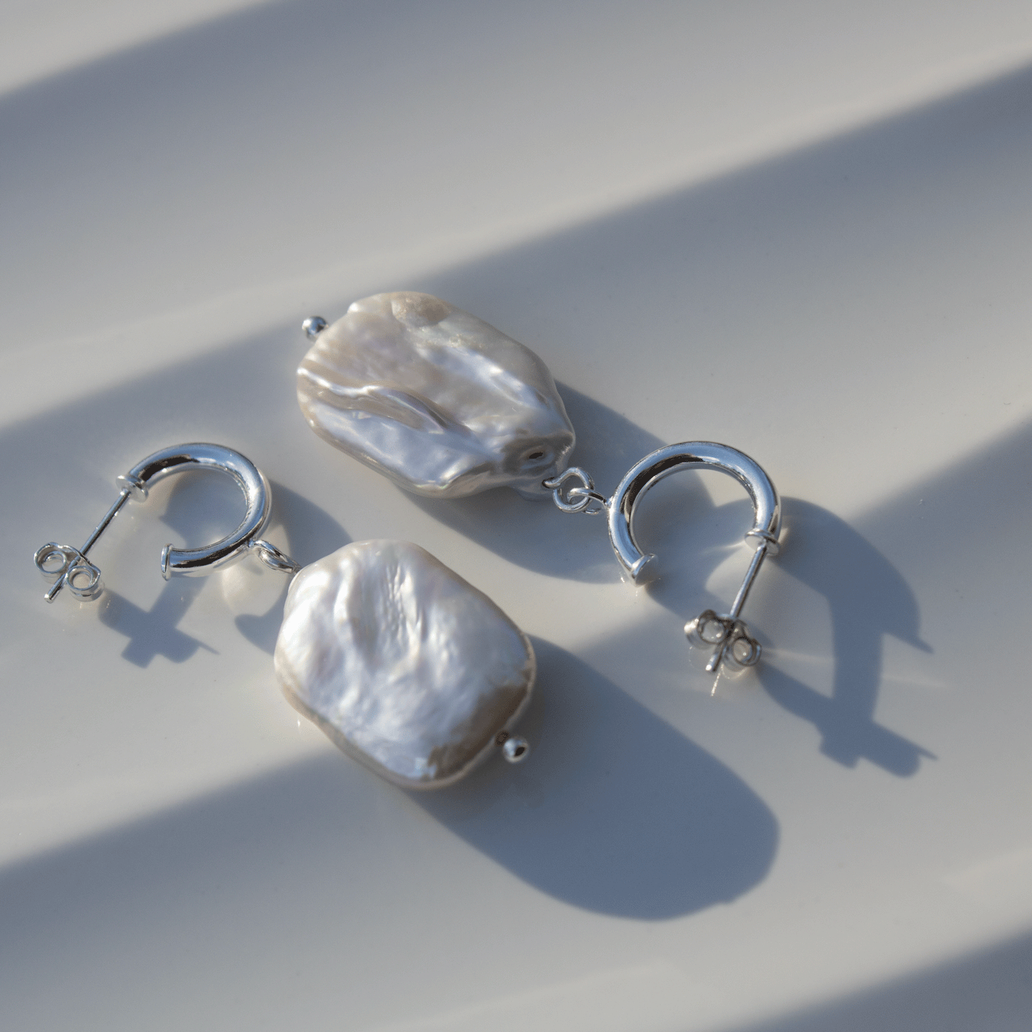 Rectangle Freshwater Pearl Stud Hoop Sterling Silver Earrings