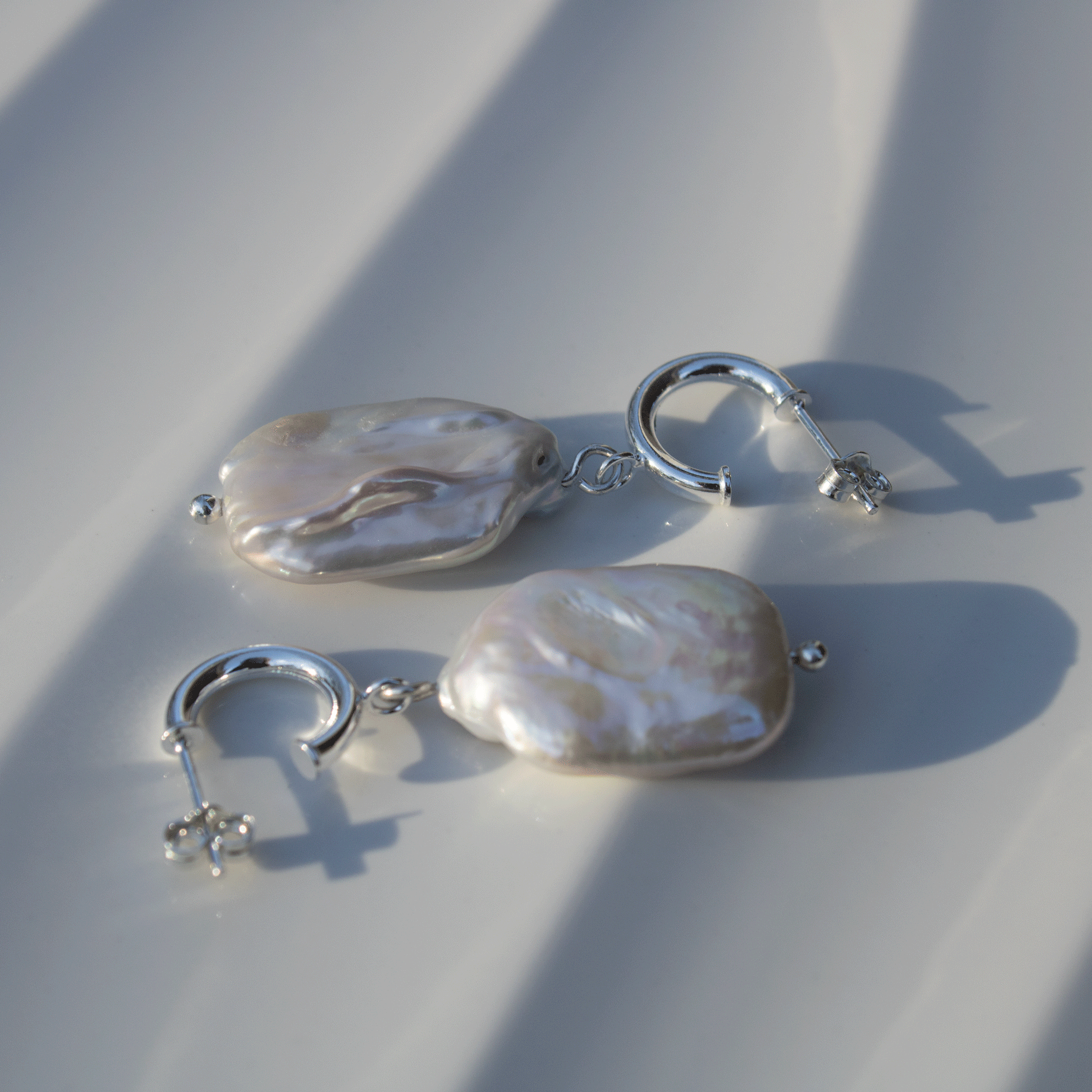 Rectangle Freshwater Pearl Stud Hoop Sterling Silver Earrings