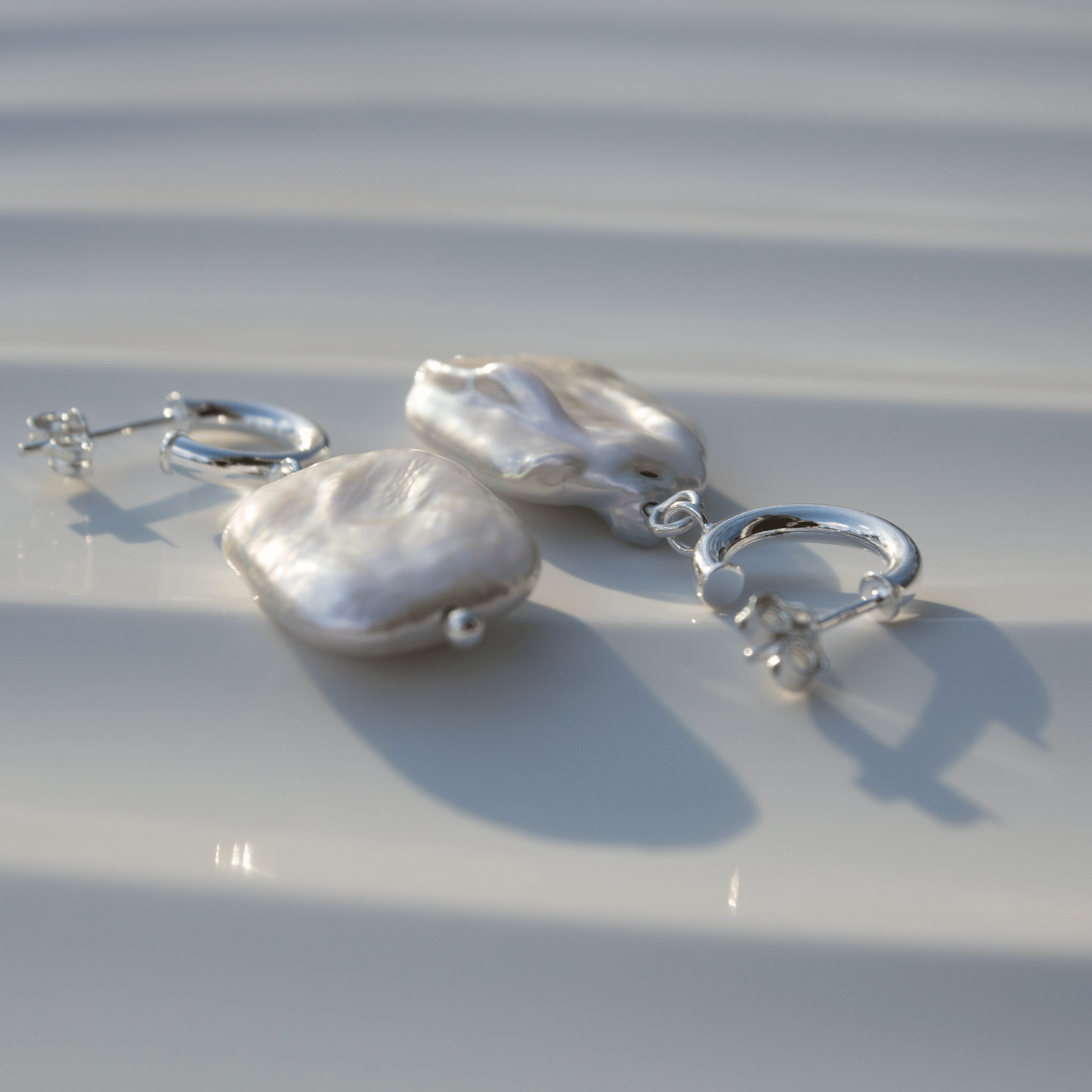 Rectangle Freshwater Pearl Stud Hoop Sterling Silver Earrings