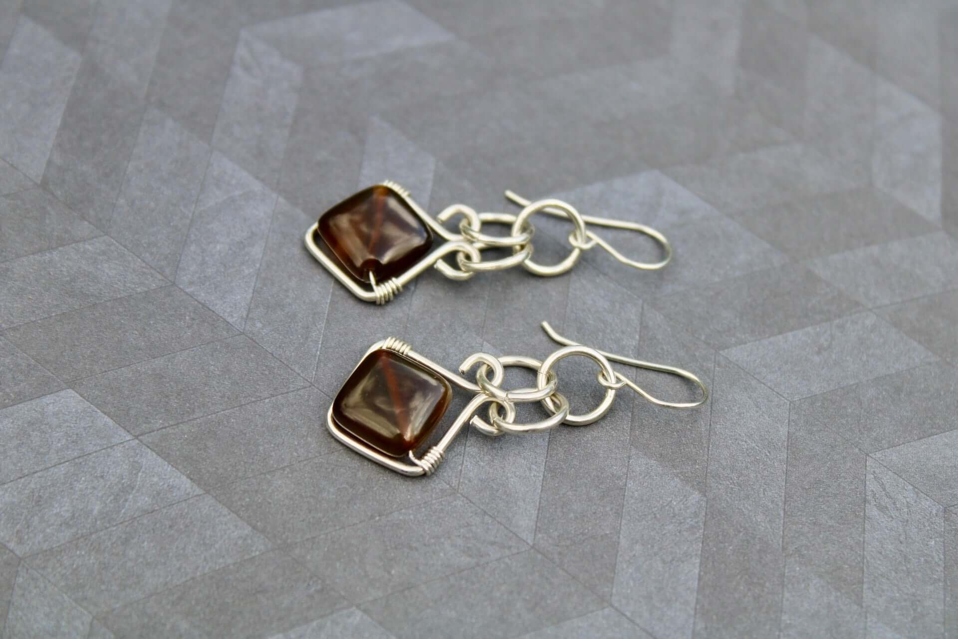 Sterling Silver Chain-mail style earrings with Brown Agate Gemstones