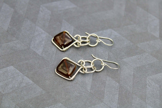 Sterling Silver Chain-mail style earrings with Brown Agate Gemstones