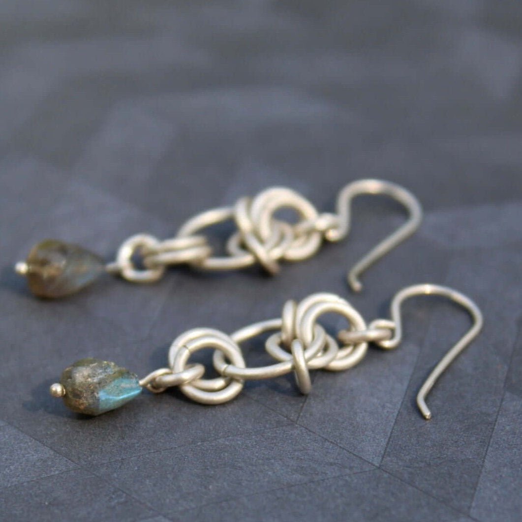 Sterling Silver Chainmaille style earrings with teardrop labradorite beads