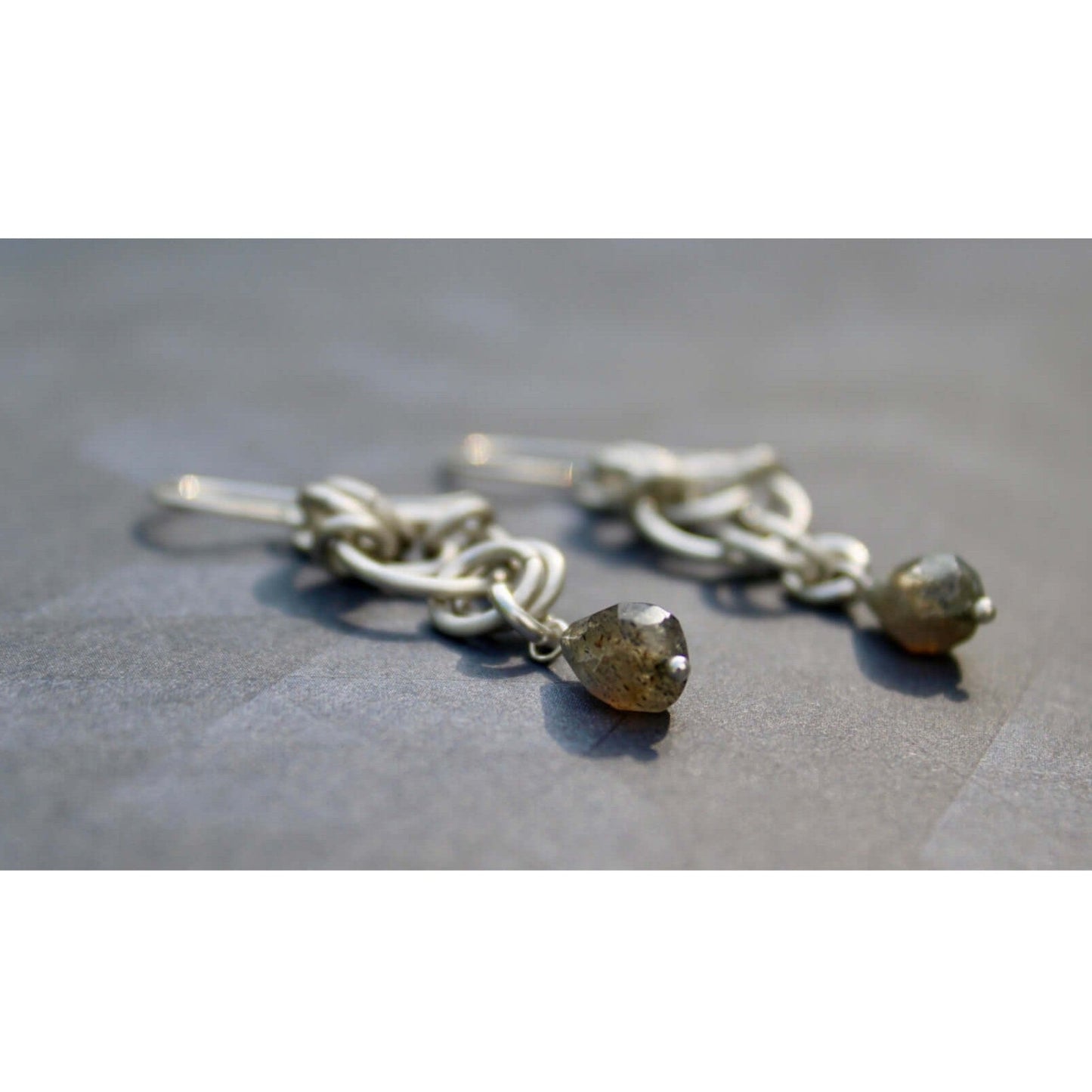 Sterling Silver Chainmaille style earrings with teardrop labradorite beads